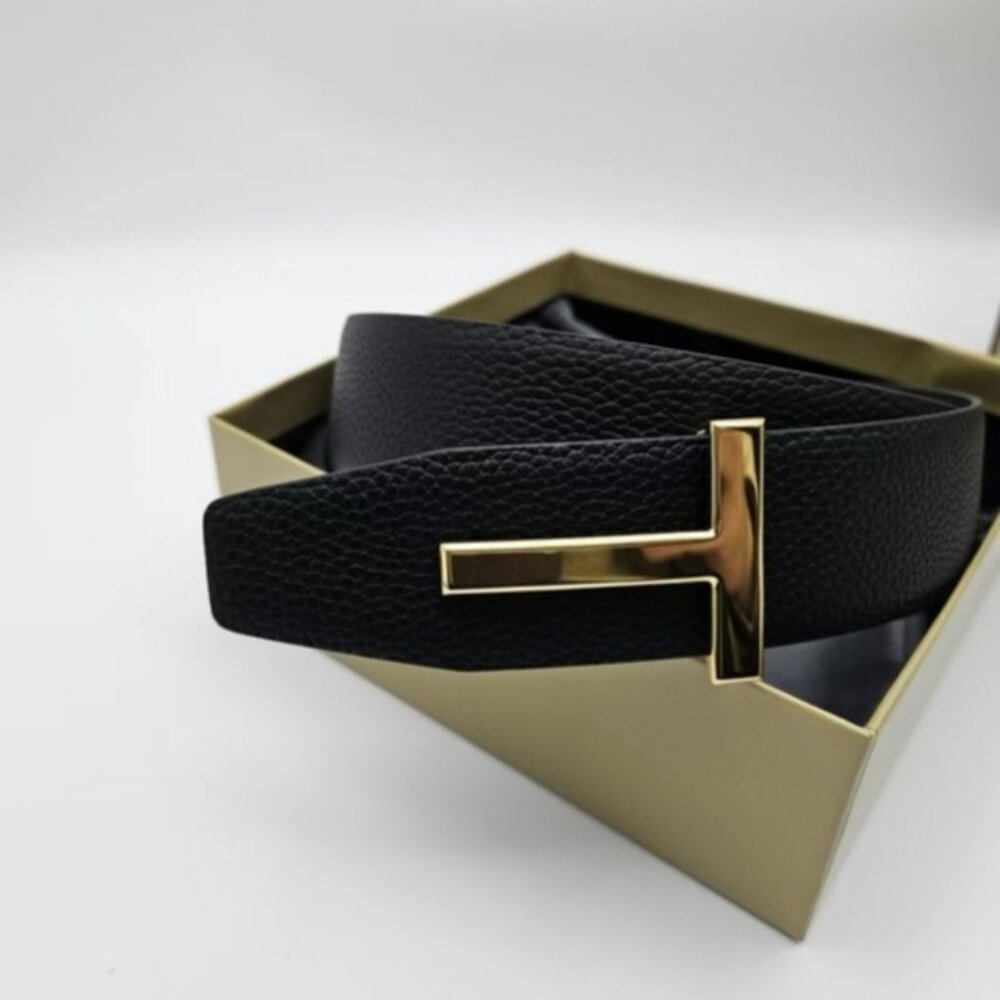 Tom Ford Black Belt - Grained Leather, Golden T-Accents - Picture 2 of 5